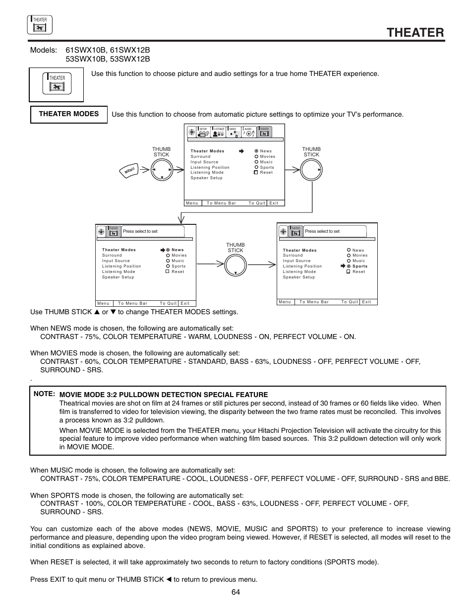 Theater | Hitachi 53SWX10B User Manual | Page 64 / 76