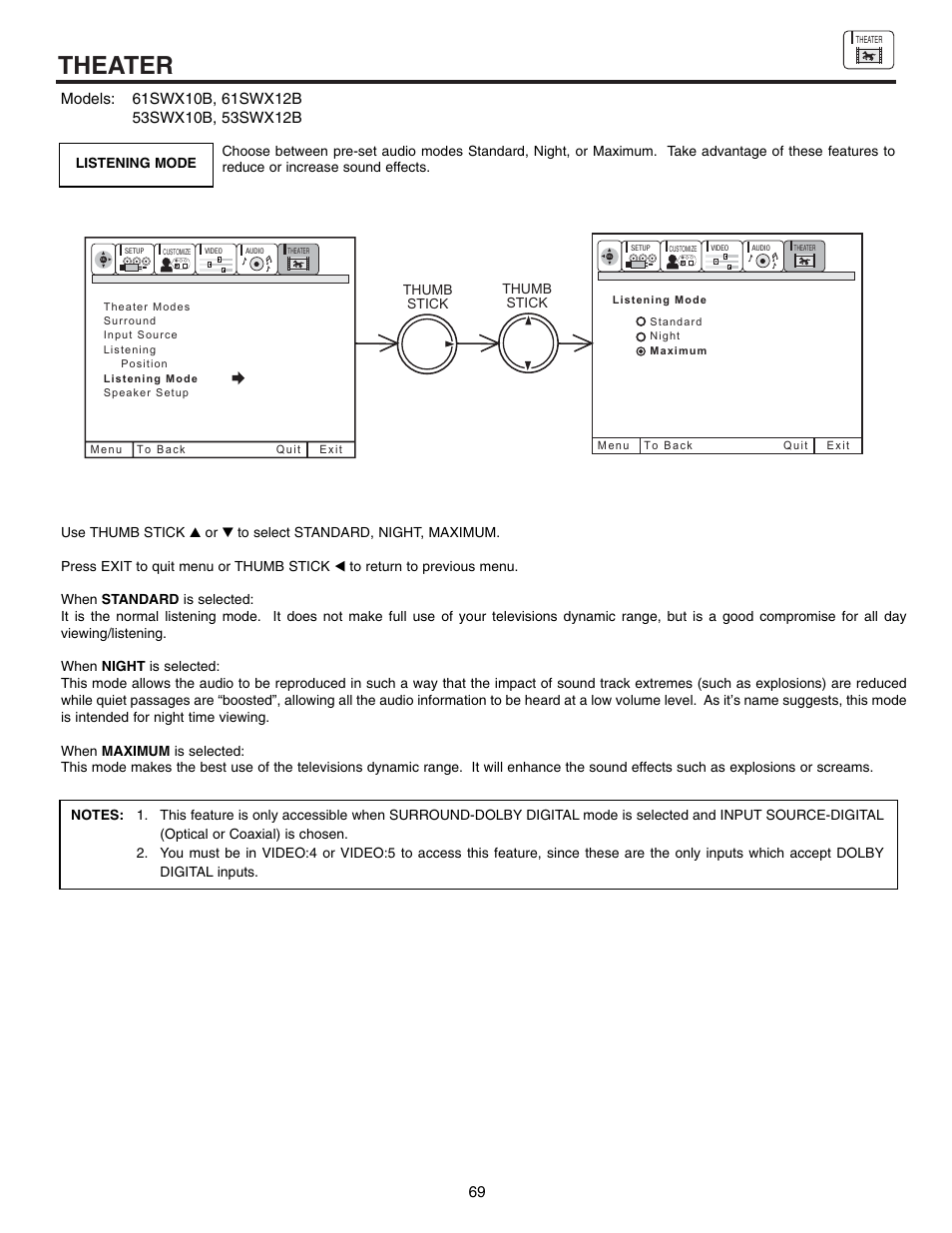 Theater | Hitachi 53SWX10B User Manual | Page 69 / 76