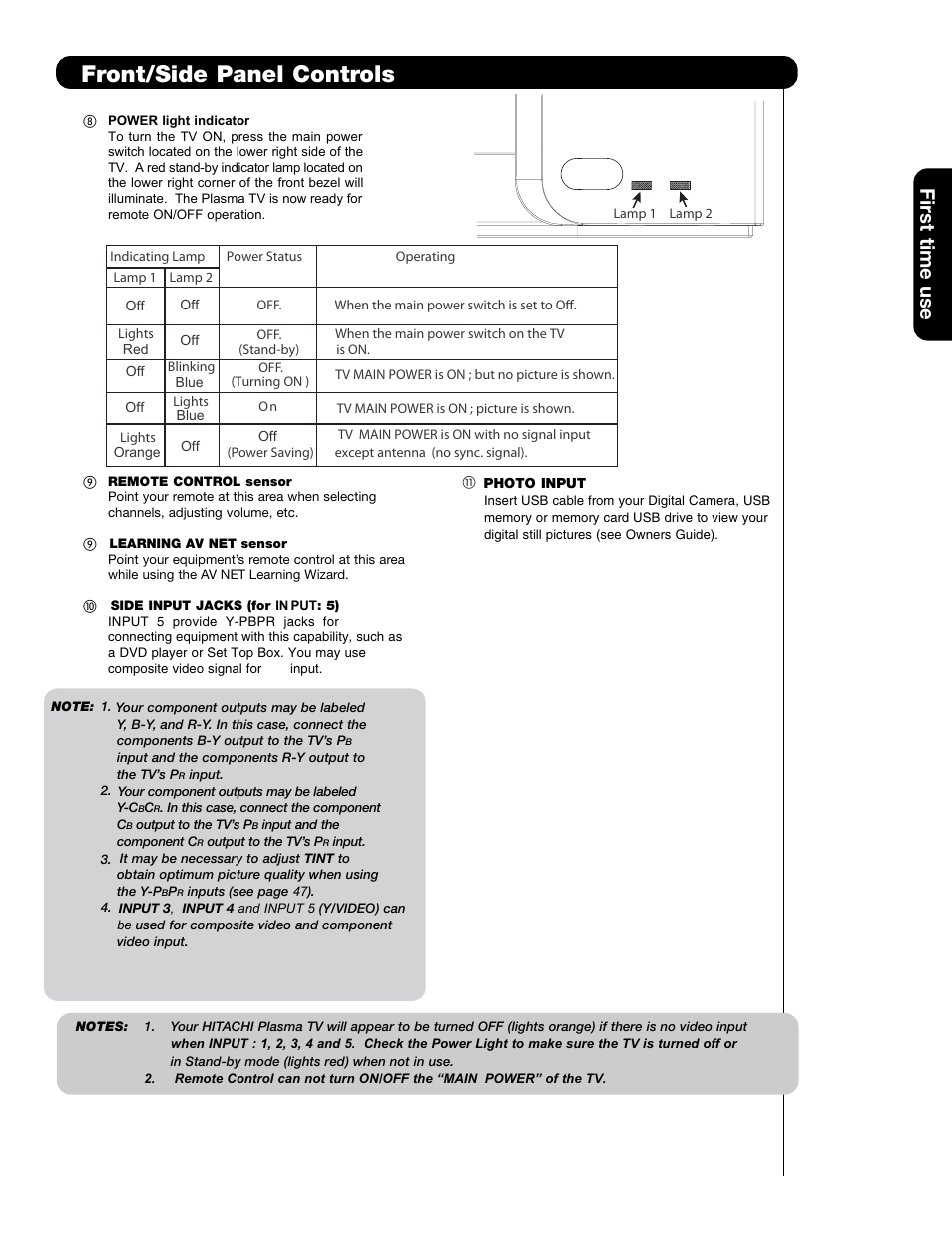 Front/side panel controls, First time use | Hitachi 55HDT79 User Manual | Page 11 / 104