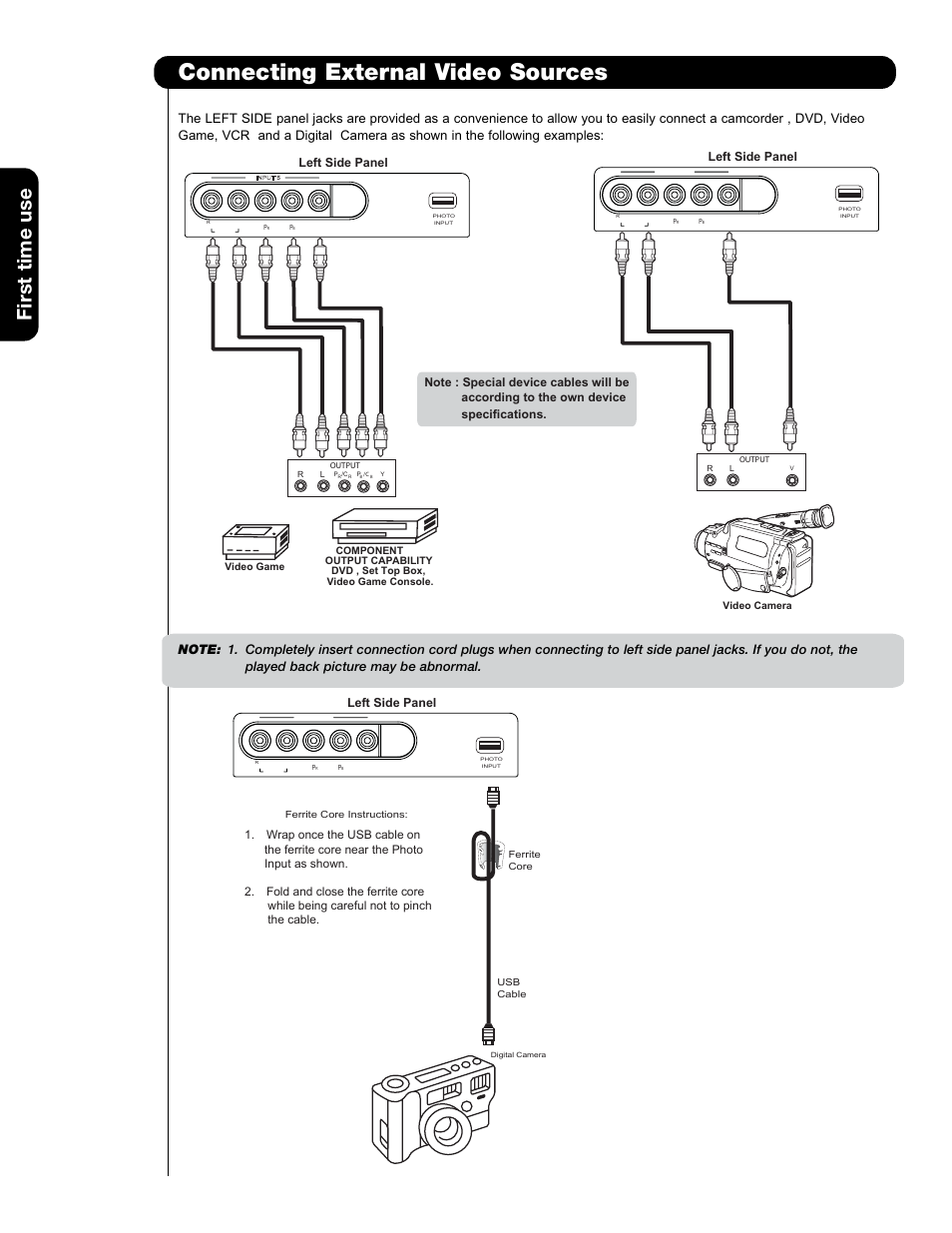 Connecting external video sources, First time use | Hitachi 55HDT79 User Manual | Page 14 / 104