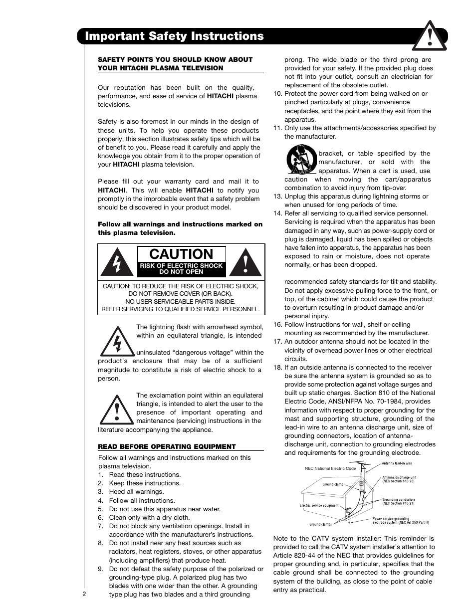 Caution, Important safety instructions | Hitachi 55HDT79 User Manual | Page 2 / 104