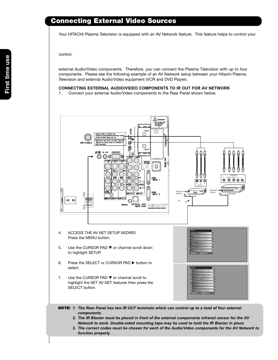 Connecting external video sources, First time use | Hitachi 55HDT79 User Manual | Page 22 / 104