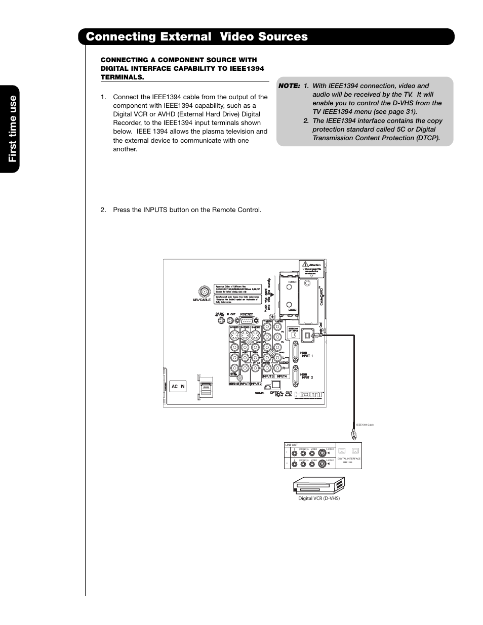 Connecting external video sources, First time use | Hitachi 55HDT79 User Manual | Page 24 / 104