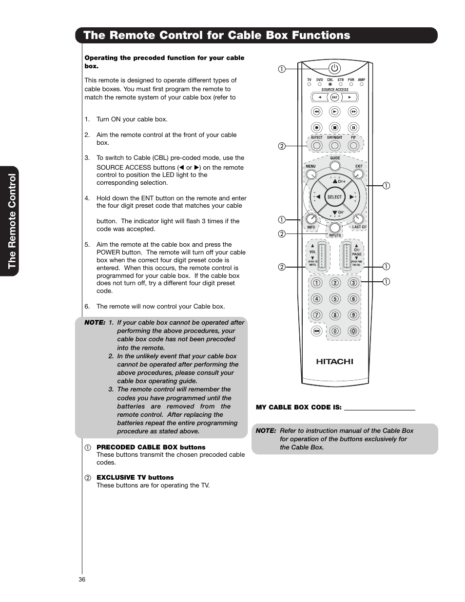 The remote control for cable box functions, The remote contr ol | Hitachi 55HDT79 User Manual | Page 36 / 104