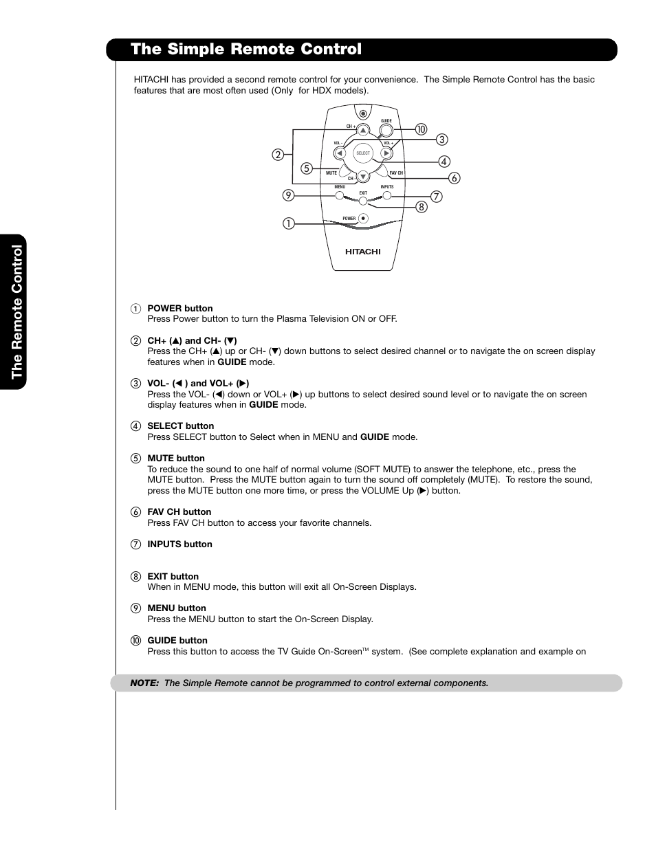 The simple remote control, The remote contr ol | Hitachi 55HDT79 User Manual | Page 44 / 104