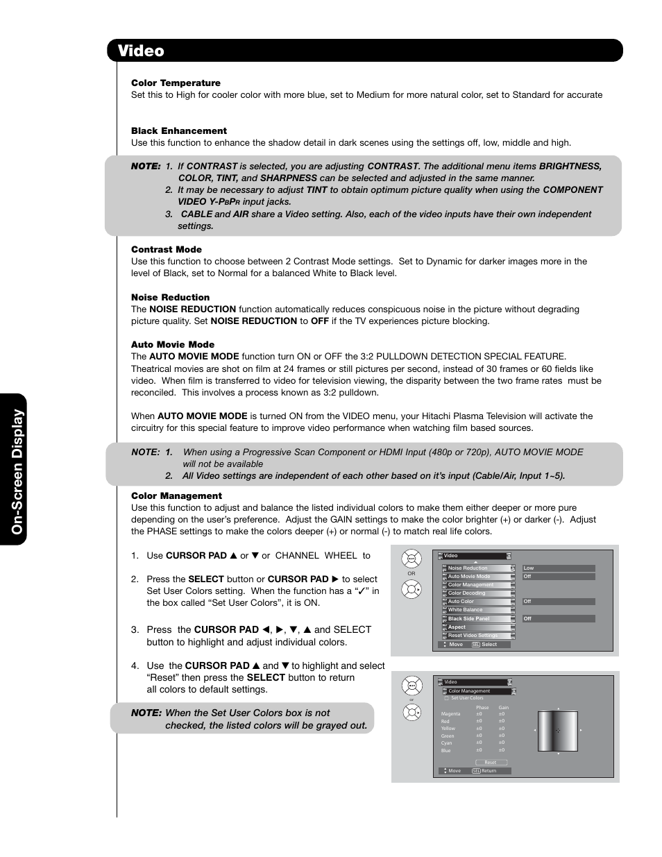 Video, On-scr een display | Hitachi 55HDT79 User Manual | Page 48 / 104