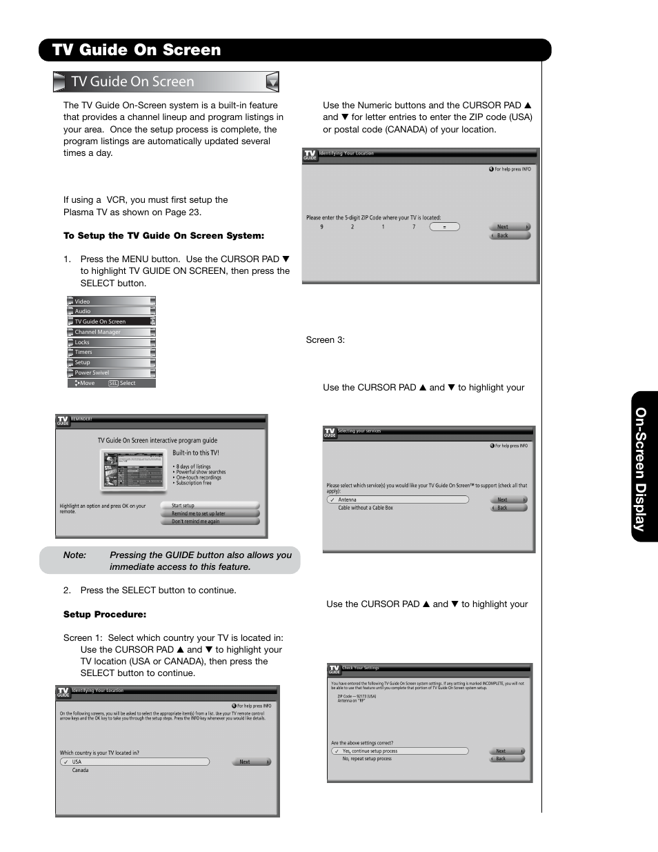 Tv guide on screen, On-scr een display | Hitachi 55HDT79 User Manual | Page 53 / 104