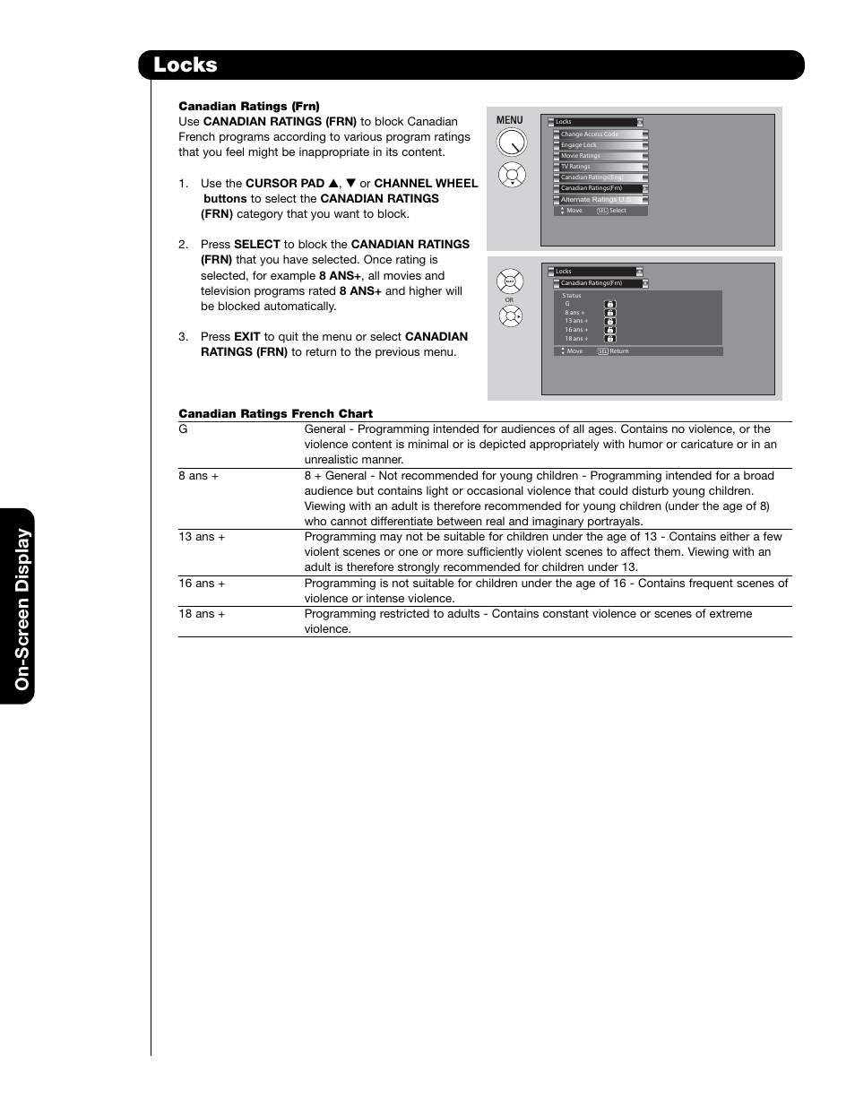 Locks, On-scr een display | Hitachi 55HDT79 User Manual | Page 62 / 104