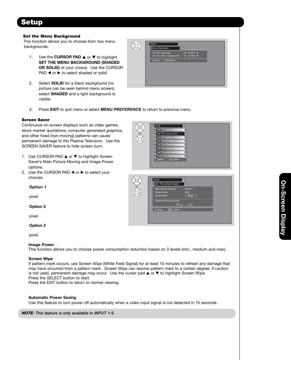 Setup, On-scr een display | Hitachi 55HDT79 User Manual | Page 67 / 104