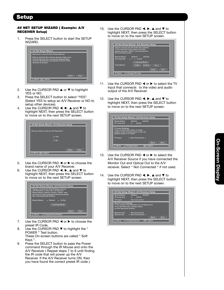 Setup, On-scr een display | Hitachi 55HDT79 User Manual | Page 69 / 104