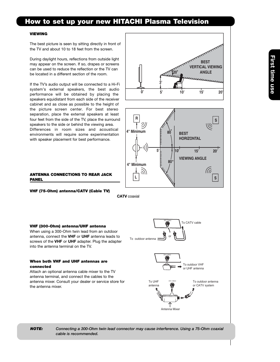 How to set up your new hitachi plasma television, First time use | Hitachi 55HDT79 User Manual | Page 7 / 104