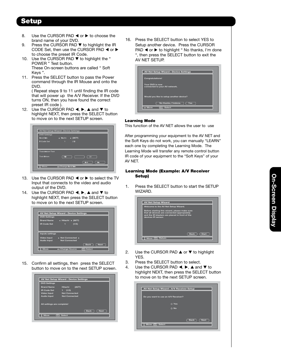 Setup, On-scr een display | Hitachi 55HDT79 User Manual | Page 71 / 104