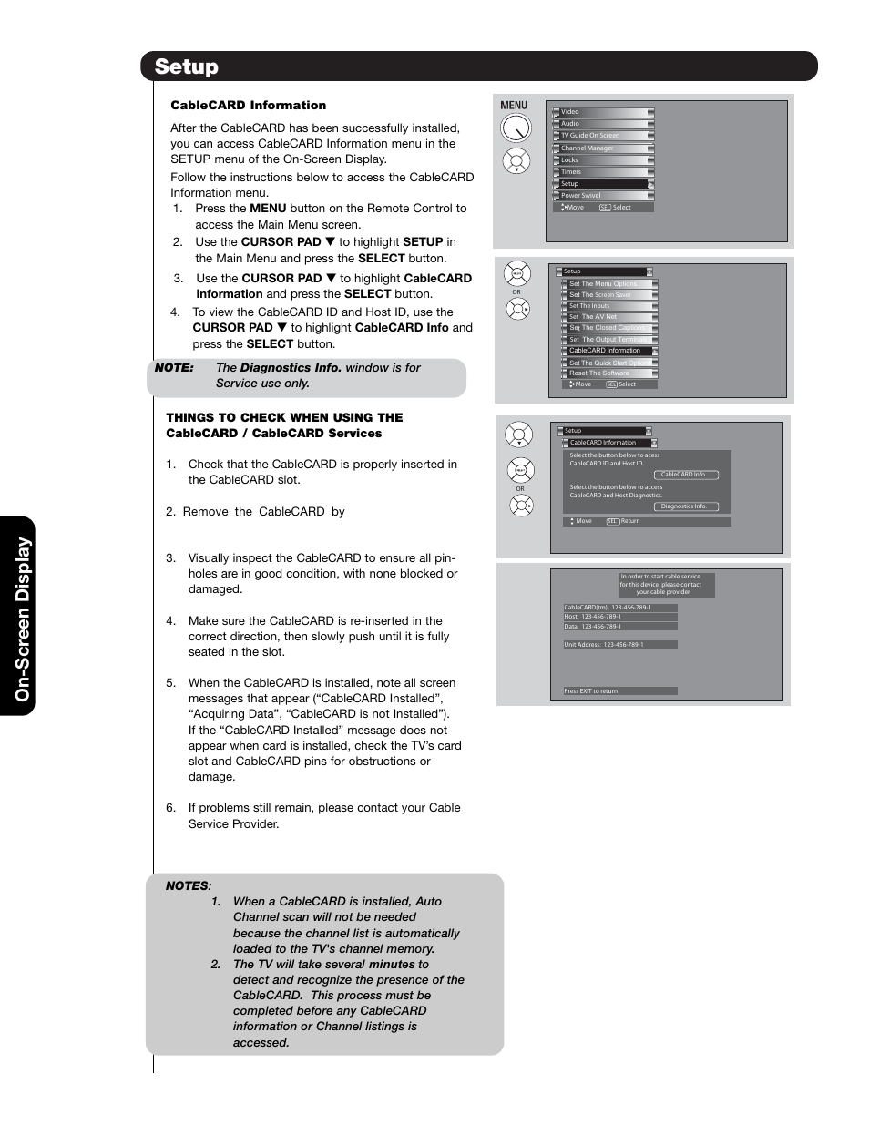 Setup, On-scr een display | Hitachi 55HDT79 User Manual | Page 78 / 104