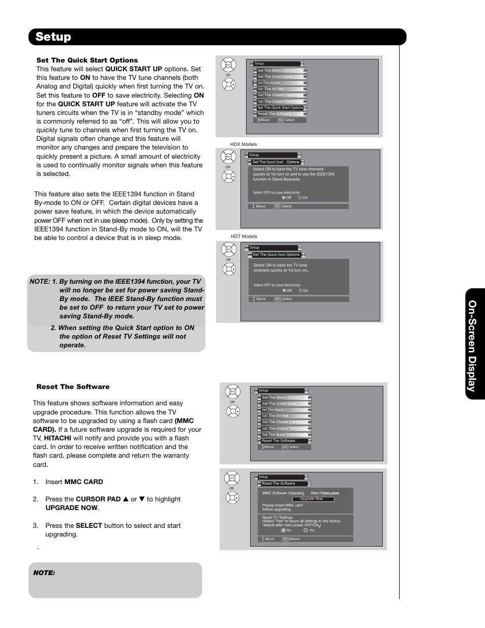 Setup, On-scr een display | Hitachi 55HDT79 User Manual | Page 79 / 104