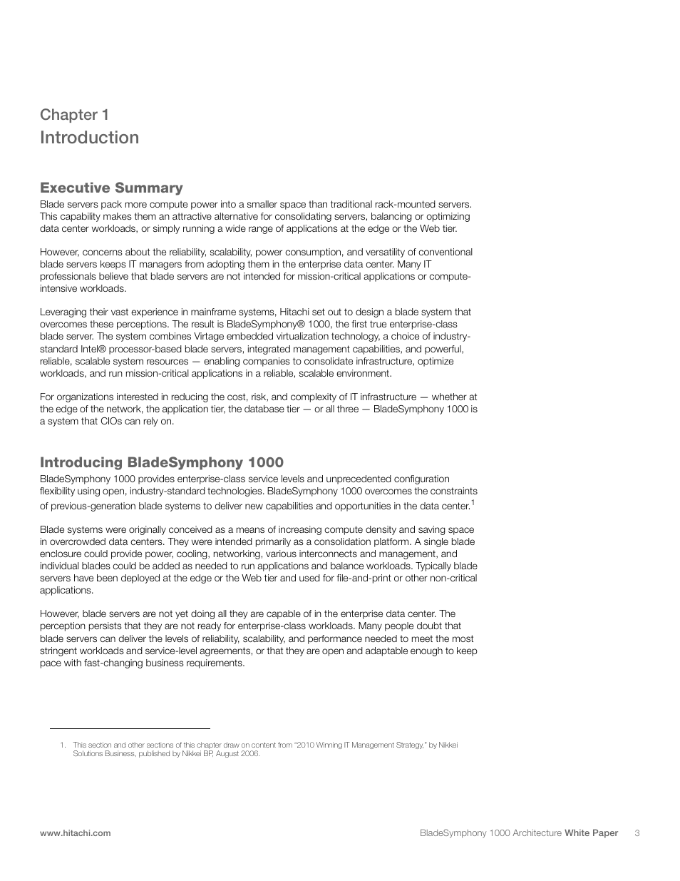 Introduction, Chapter 1, Executive summary | Introducing bladesymphony 1000 | Hitachi 1000 User Manual | Page 3 / 52