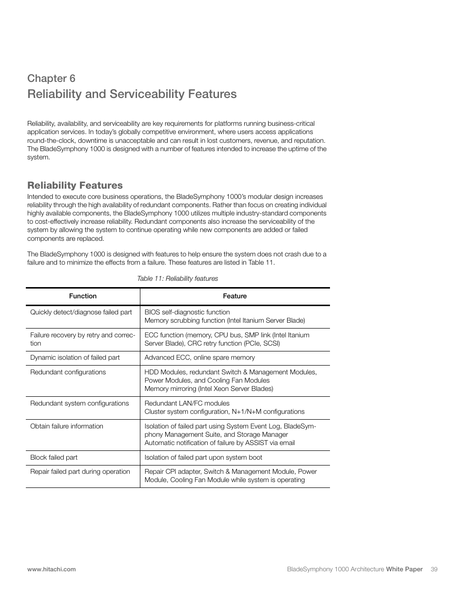 Reliability and serviceability features, Chapter 6, Reliability features | Hitachi 1000 User Manual | Page 39 / 52