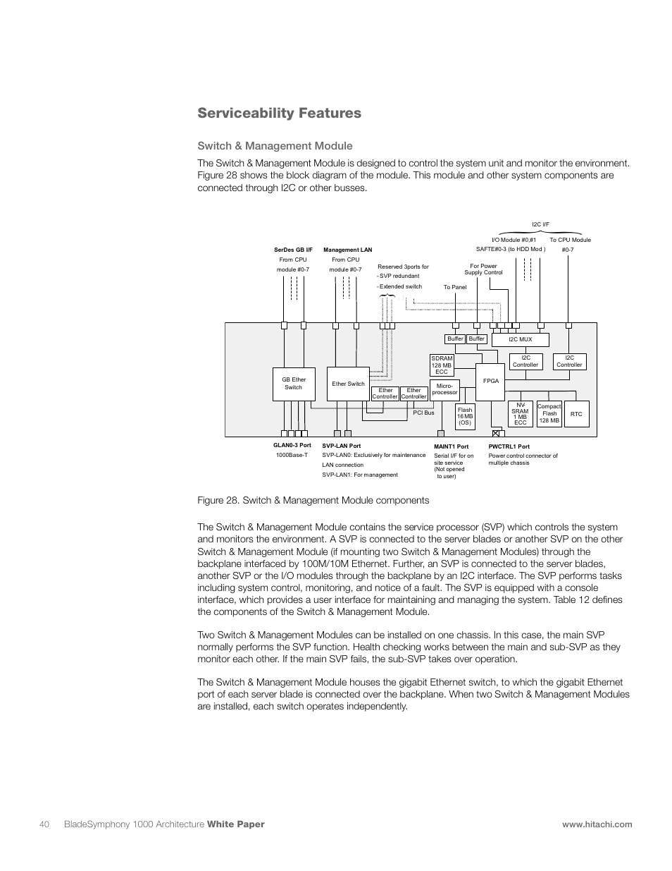 Serviceability features, Switch & management module | Hitachi 1000 User Manual | Page 40 / 52