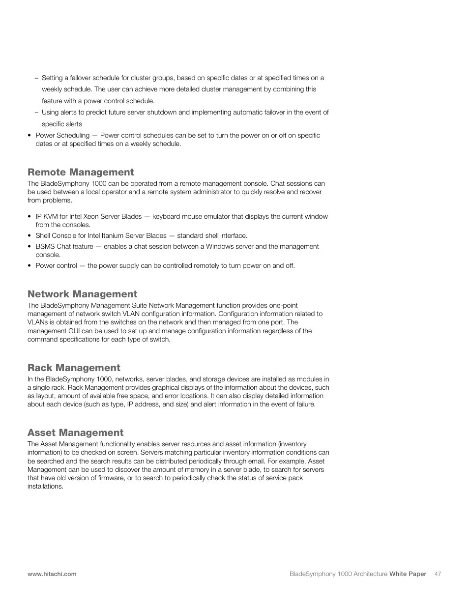 Remote management, Network management, Rack management | Asset management | Hitachi 1000 User Manual | Page 47 / 52