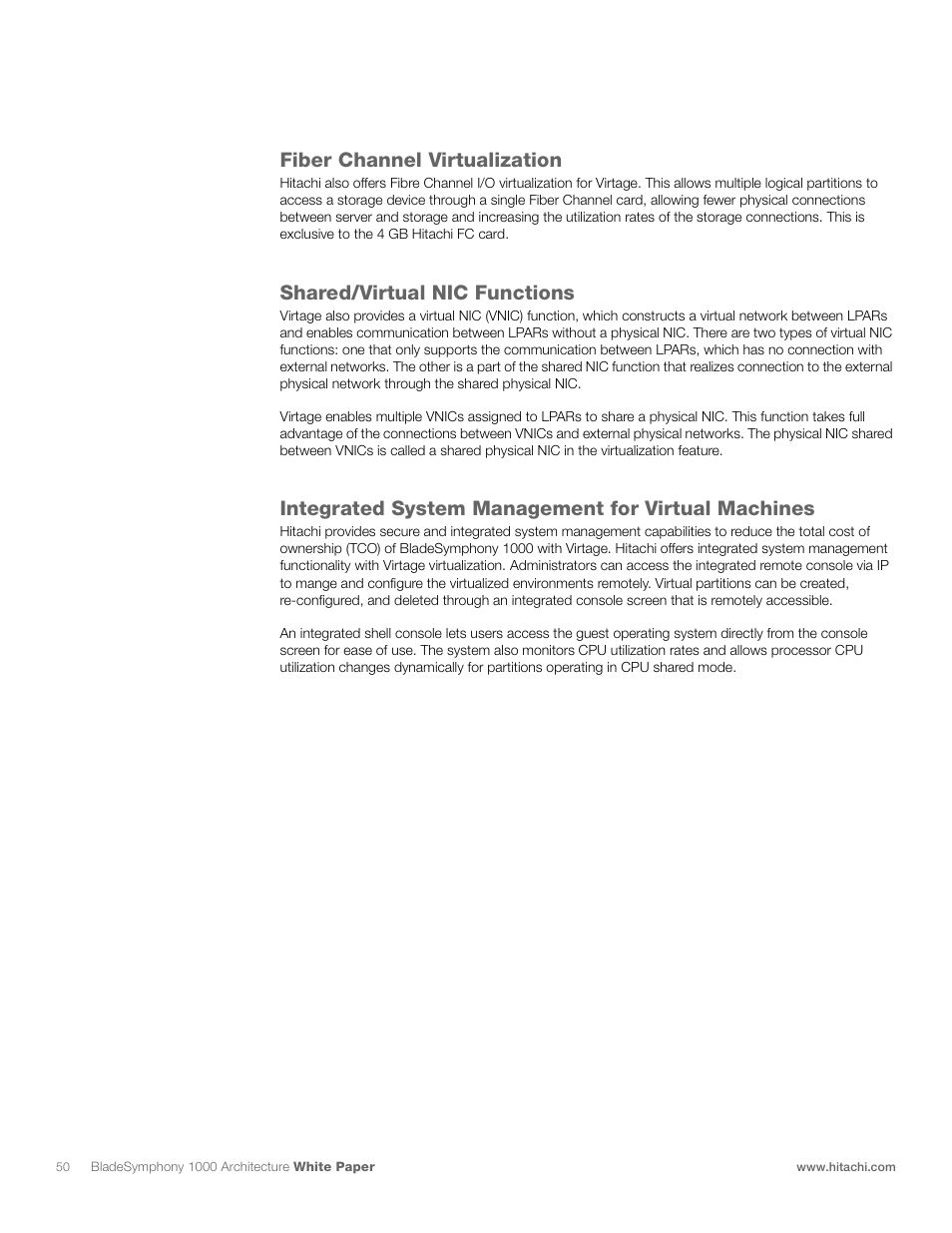Fiber channel virtualization, Shared/virtual nic functions, Integrated system management for virtual machines | Hitachi 1000 User Manual | Page 50 / 52