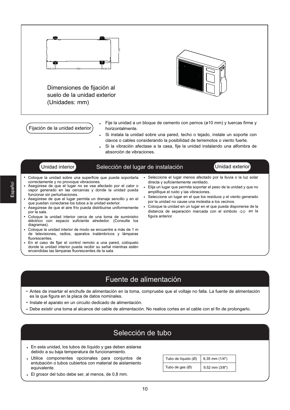 Fuente de alimentación, Selección de tubo, Selección del lugar de instalación | Hitachi HSU-12RD03/R2(SDB) User Manual | Page 12 / 39