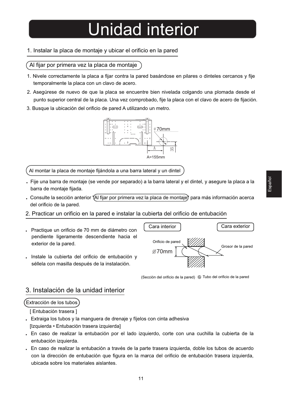 Unidad interior, Instalación de la unidad interior | Hitachi HSU-12RD03/R2(SDB) User Manual | Page 13 / 39