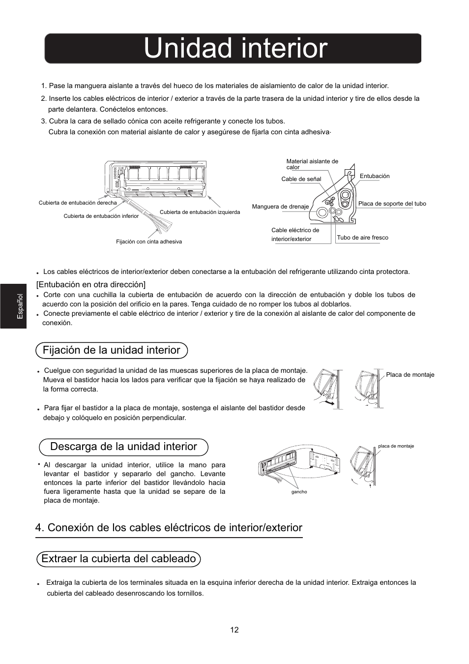 Unidad interior, Fijación de la unidad interior, Descarga de la unidad interior | Hitachi HSU-12RD03/R2(SDB) User Manual | Page 14 / 39