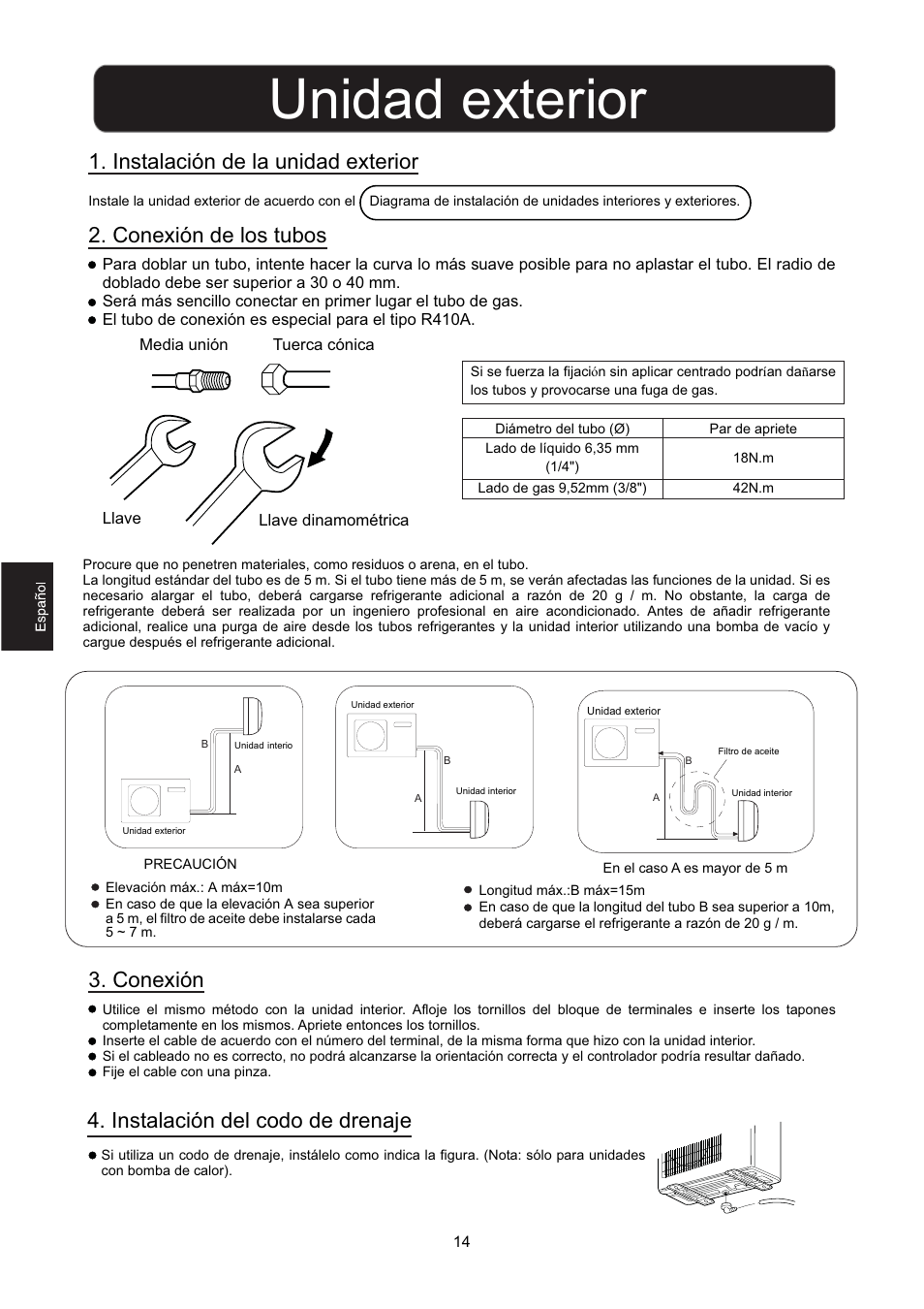 Unidad exterior, Instalación de la unidad exterior, Conexión de los tubos | Conexión, Instalación del codo de drenaje | Hitachi HSU-12RD03/R2(SDB) User Manual | Page 16 / 39