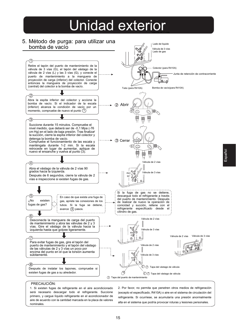 Unidad exterior, Método de purga: para utilizar una bomba de vacío | Hitachi HSU-12RD03/R2(SDB) User Manual | Page 17 / 39