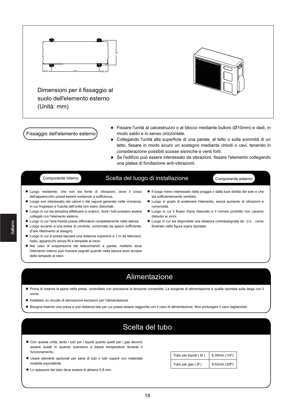Alimentazione scelta del tubo, Scelta del luogo di installazione, Fissaggio dell'elemento esterno | Hitachi HSU-12RD03/R2(SDB) User Manual | Page 20 / 39