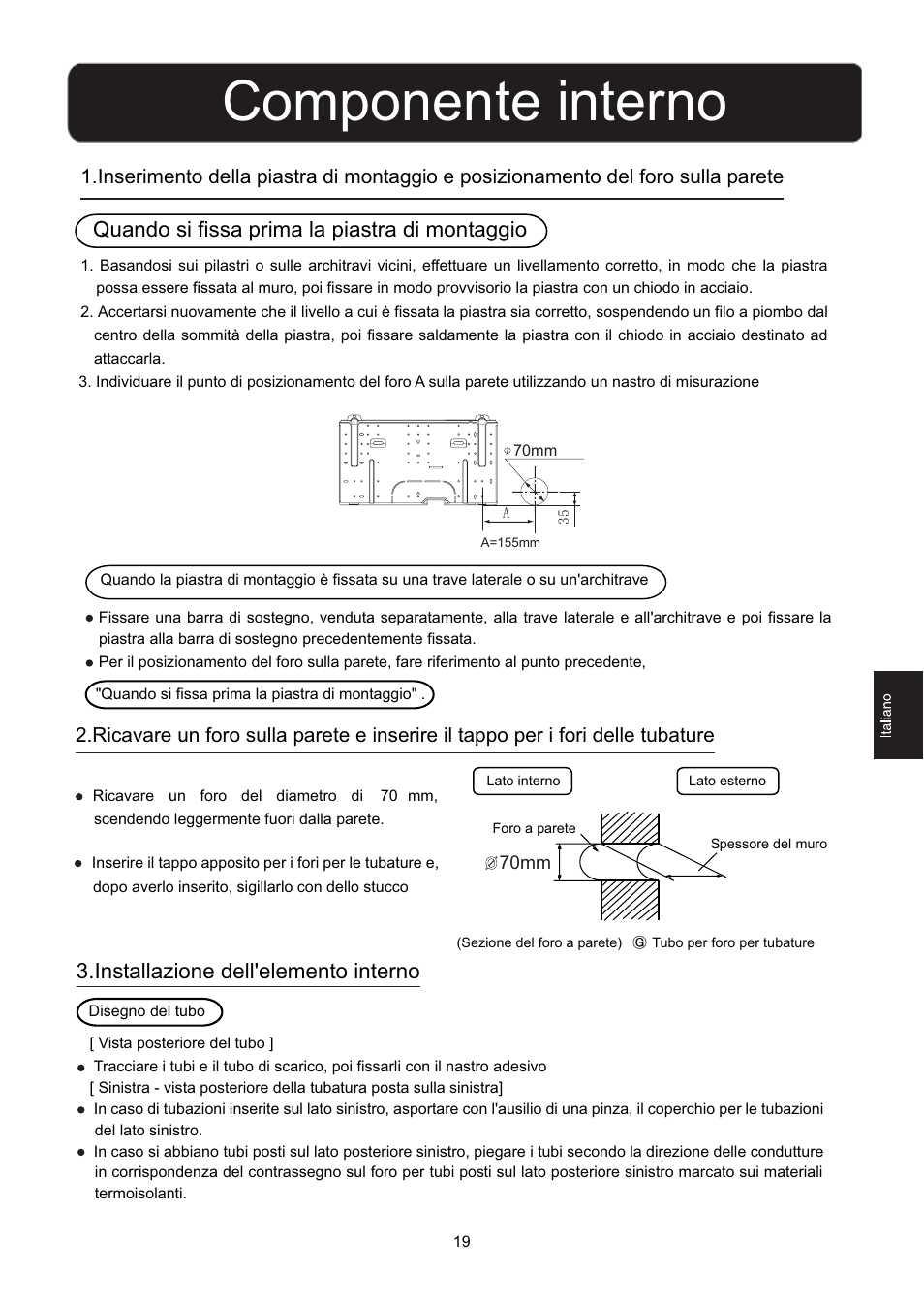 Componente interno, Quando si fissa prima la piastra di montaggio, Installazione dell'elemento interno | Hitachi HSU-12RD03/R2(SDB) User Manual | Page 21 / 39