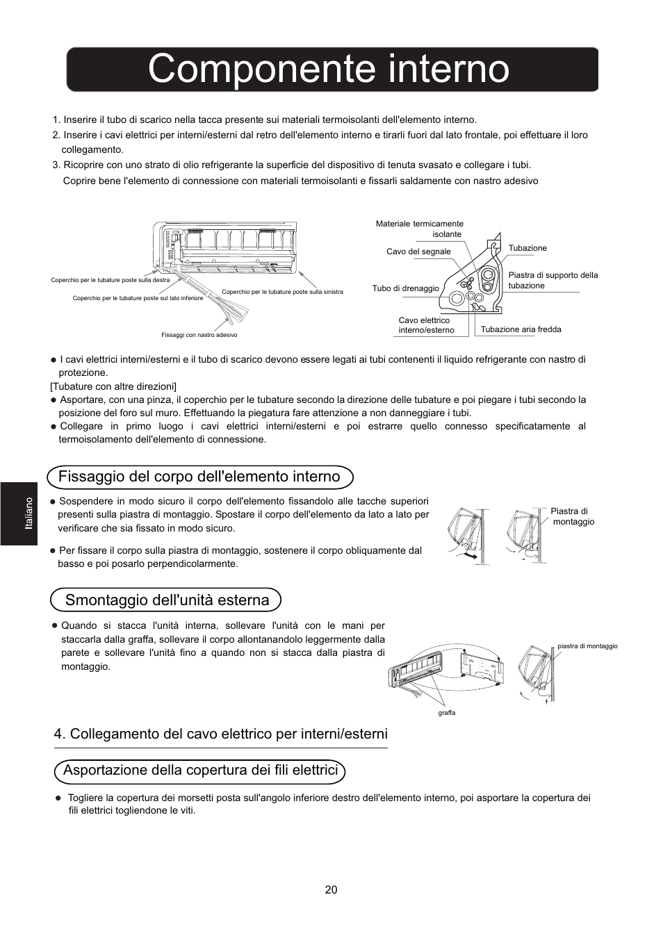 Componente interno, Smontaggio dell'unità esterna, Fissaggio del corpo dell'elemento interno | Hitachi HSU-12RD03/R2(SDB) User Manual | Page 22 / 39