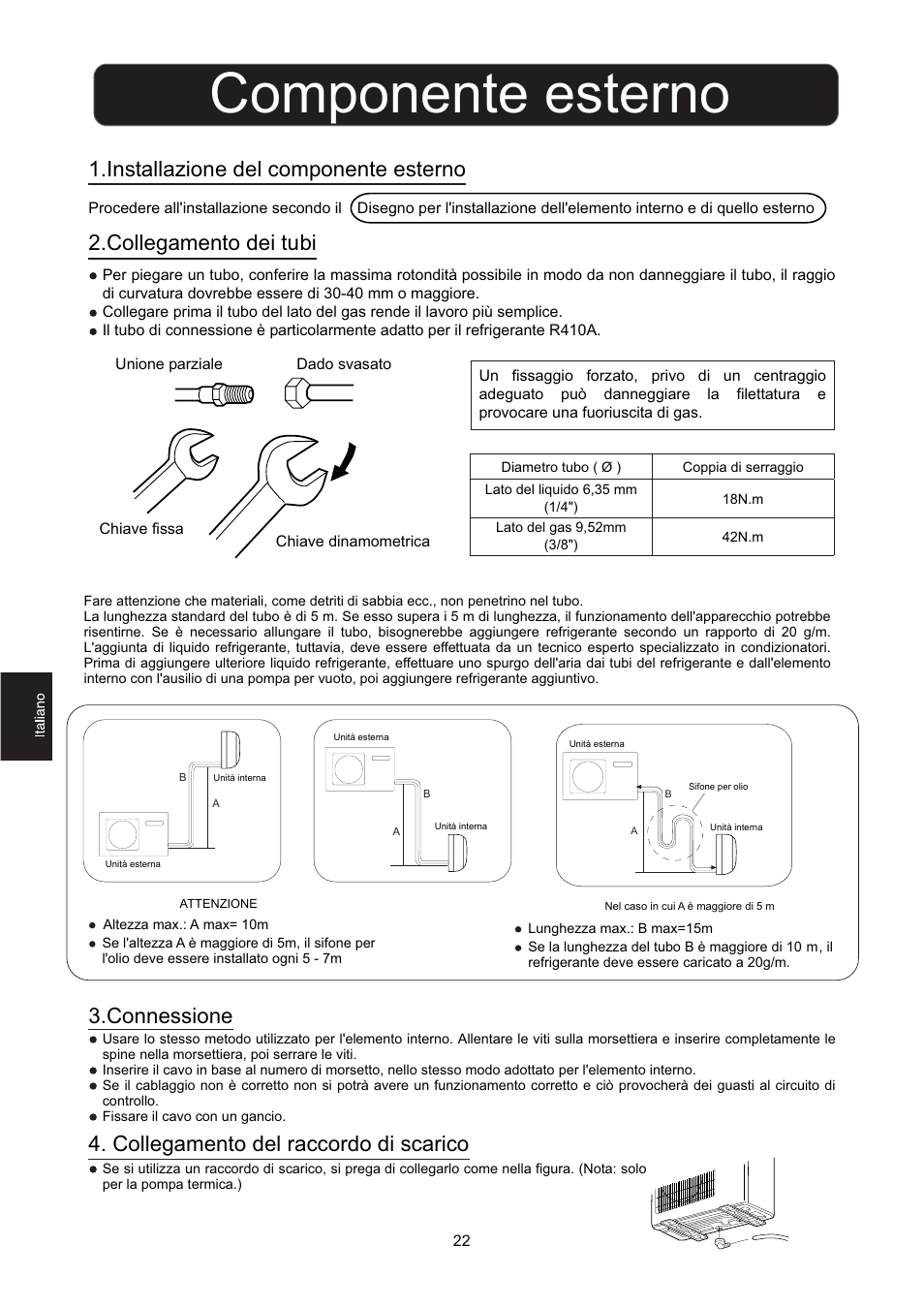 Componente esterno, Installazione del componente esterno, Collegamento dei tubi | Connessione, Collegamento del raccordo di scarico | Hitachi HSU-12RD03/R2(SDB) User Manual | Page 24 / 39