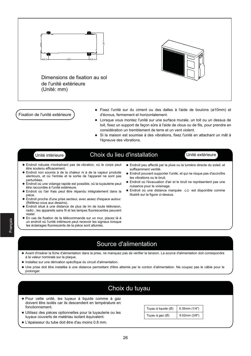Source d'alimentation choix du tuyau, Choix du lieu d'installation | Hitachi HSU-12RD03/R2(SDB) User Manual | Page 28 / 39