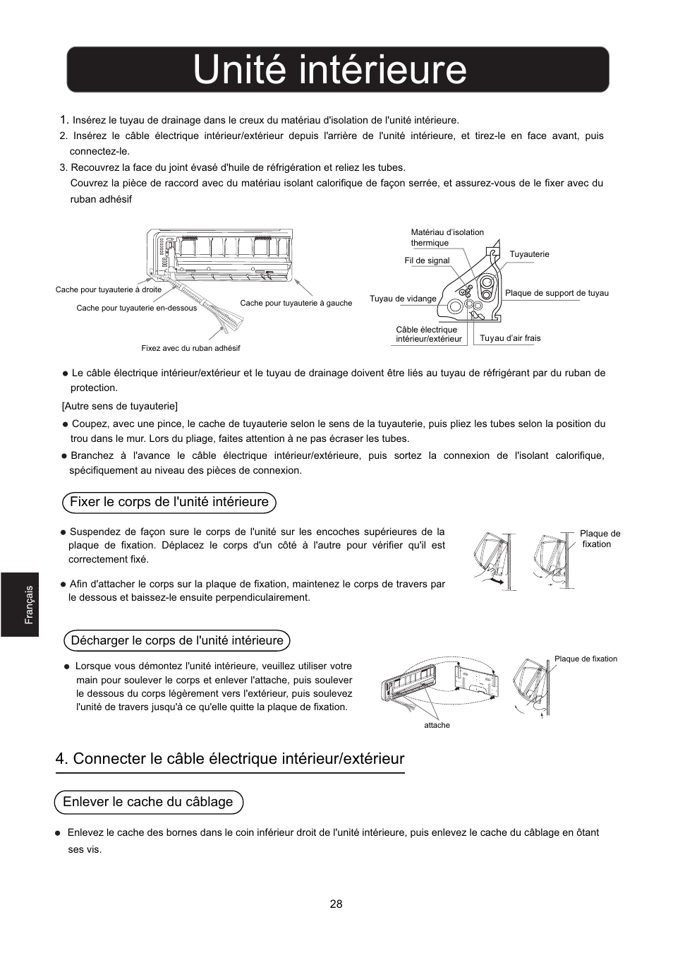 Unité intérieure, Connecter le câble électrique intérieur/extérieur, Fixer le corps de l'unité intérieure | Enlever le cache du câblage | Hitachi HSU-12RD03/R2(SDB) User Manual | Page 30 / 39