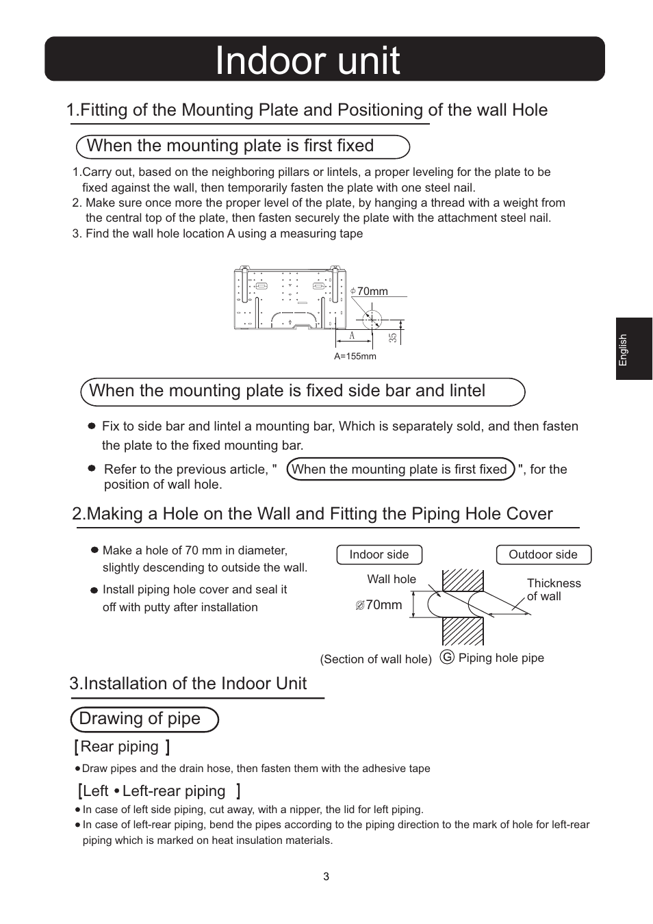 Indoor unit, Qvwdoodwlrqriwkh,qgrru8qlw 'udzlqjrislsh | Hitachi HSU-12RD03/R2(SDB) User Manual | Page 5 / 39