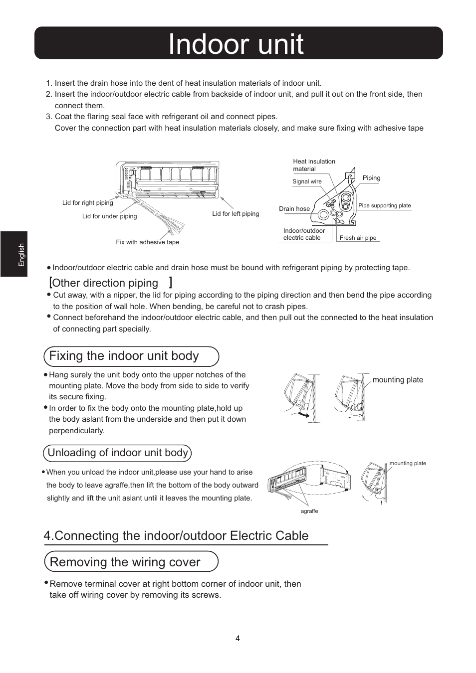 Indoor unit, Fixing the indoor unit body, Other direction piping | Unloading of indoor unit body | Hitachi HSU-12RD03/R2(SDB) User Manual | Page 6 / 39