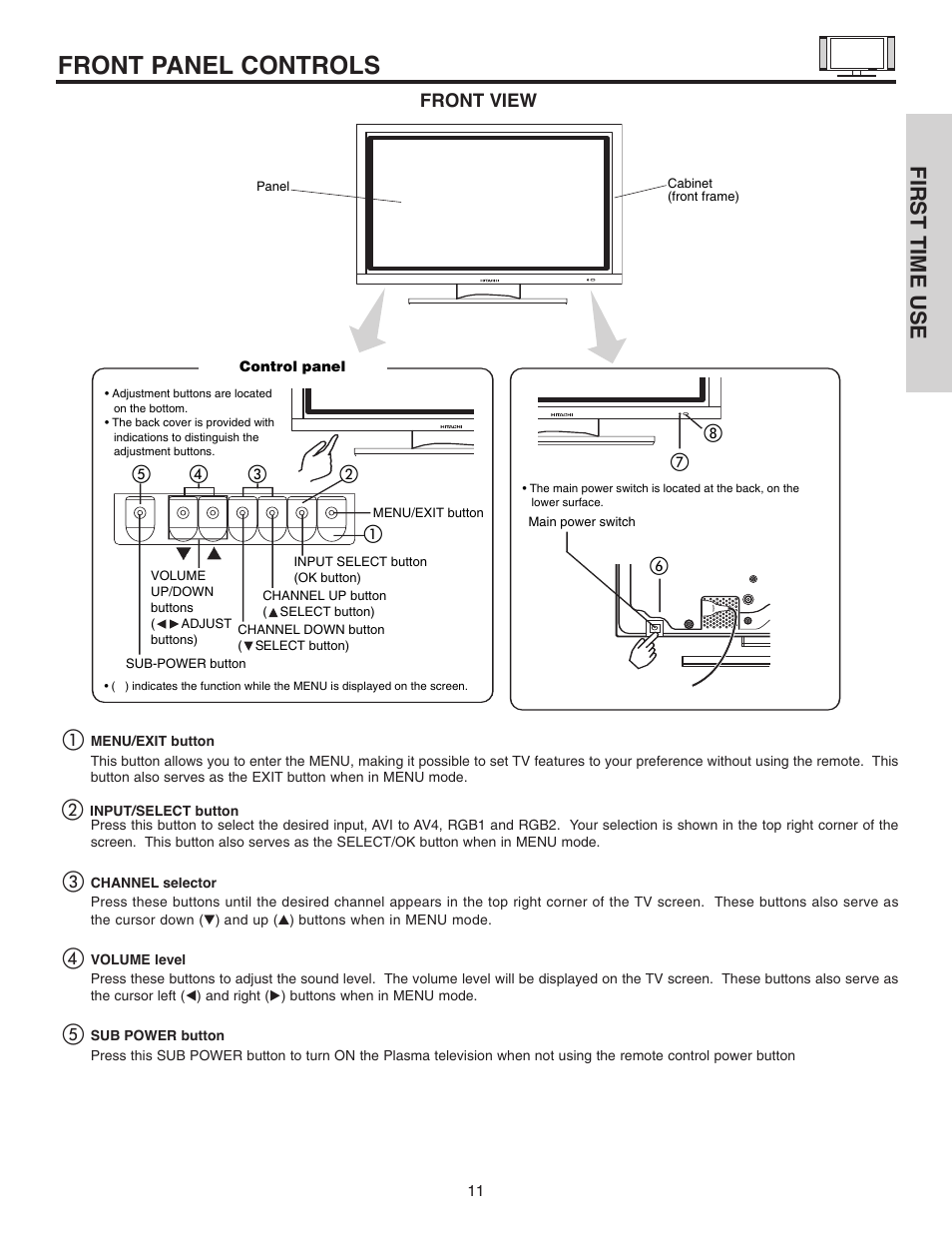Front panel controls, First time use | Hitachi 42EDT41A User Manual | Page 11 / 84