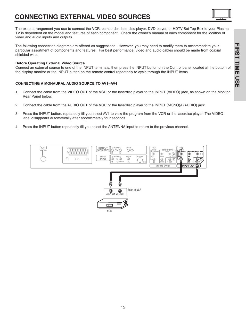 Connecting external video sources, First time use | Hitachi 42EDT41A User Manual | Page 15 / 84