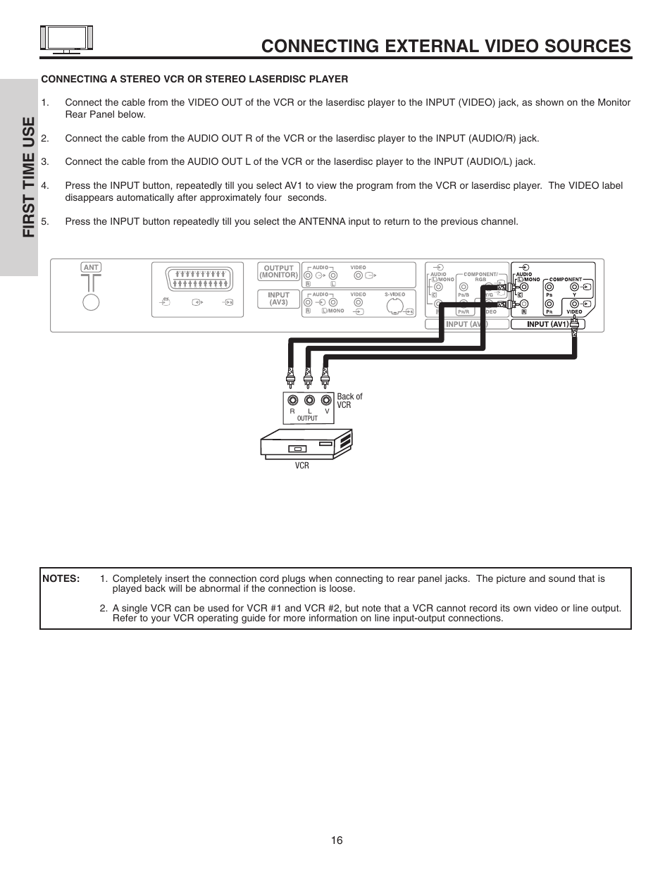 Connecting external video sources, First time use | Hitachi 42EDT41A User Manual | Page 16 / 84