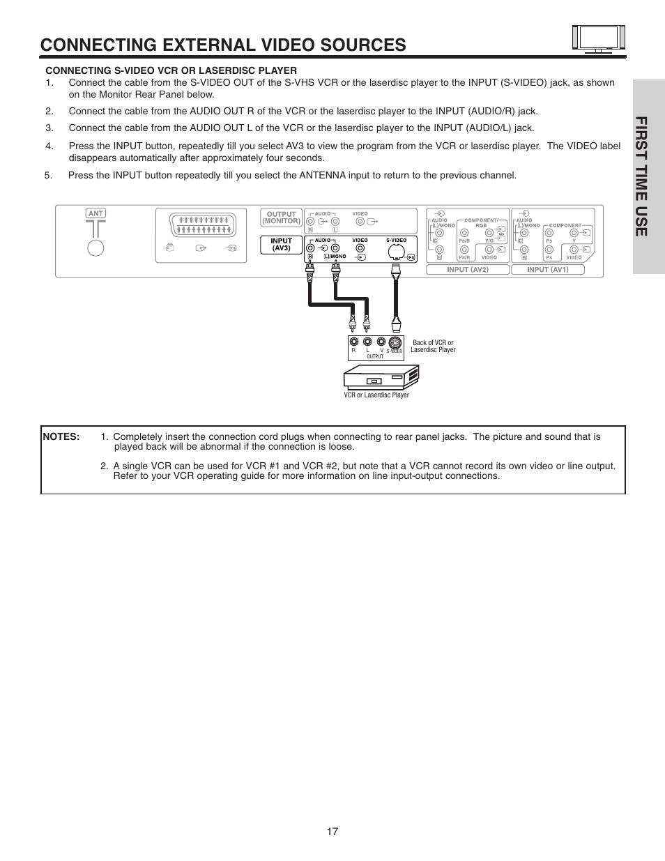 Connecting external video sources, First time use | Hitachi 42EDT41A User Manual | Page 17 / 84