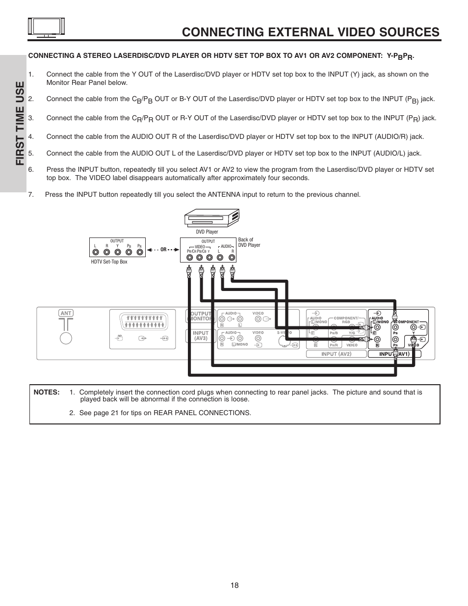Connecting external video sources, First time use | Hitachi 42EDT41A User Manual | Page 18 / 84
