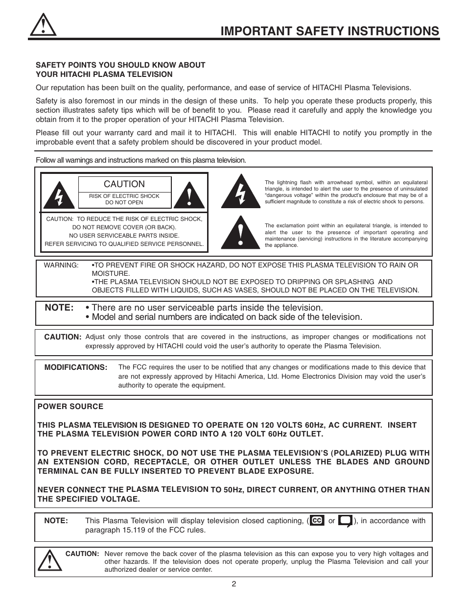 Important safety instructions, Caution | Hitachi 42EDT41A User Manual | Page 2 / 84