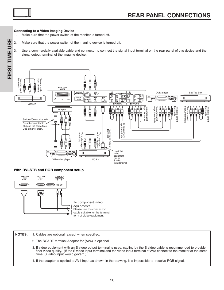 Rear panel connections, First time use, 20 with dvi-stb and rgb component setup | Hitachi 42EDT41A User Manual | Page 20 / 84
