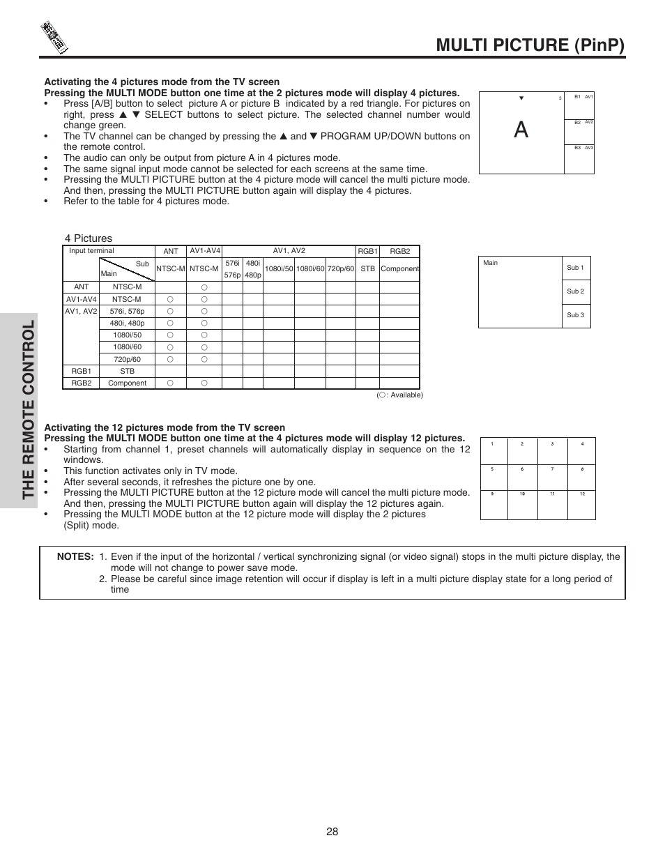 Multi picture (pinp), The remote control | Hitachi 42EDT41A User Manual | Page 28 / 84