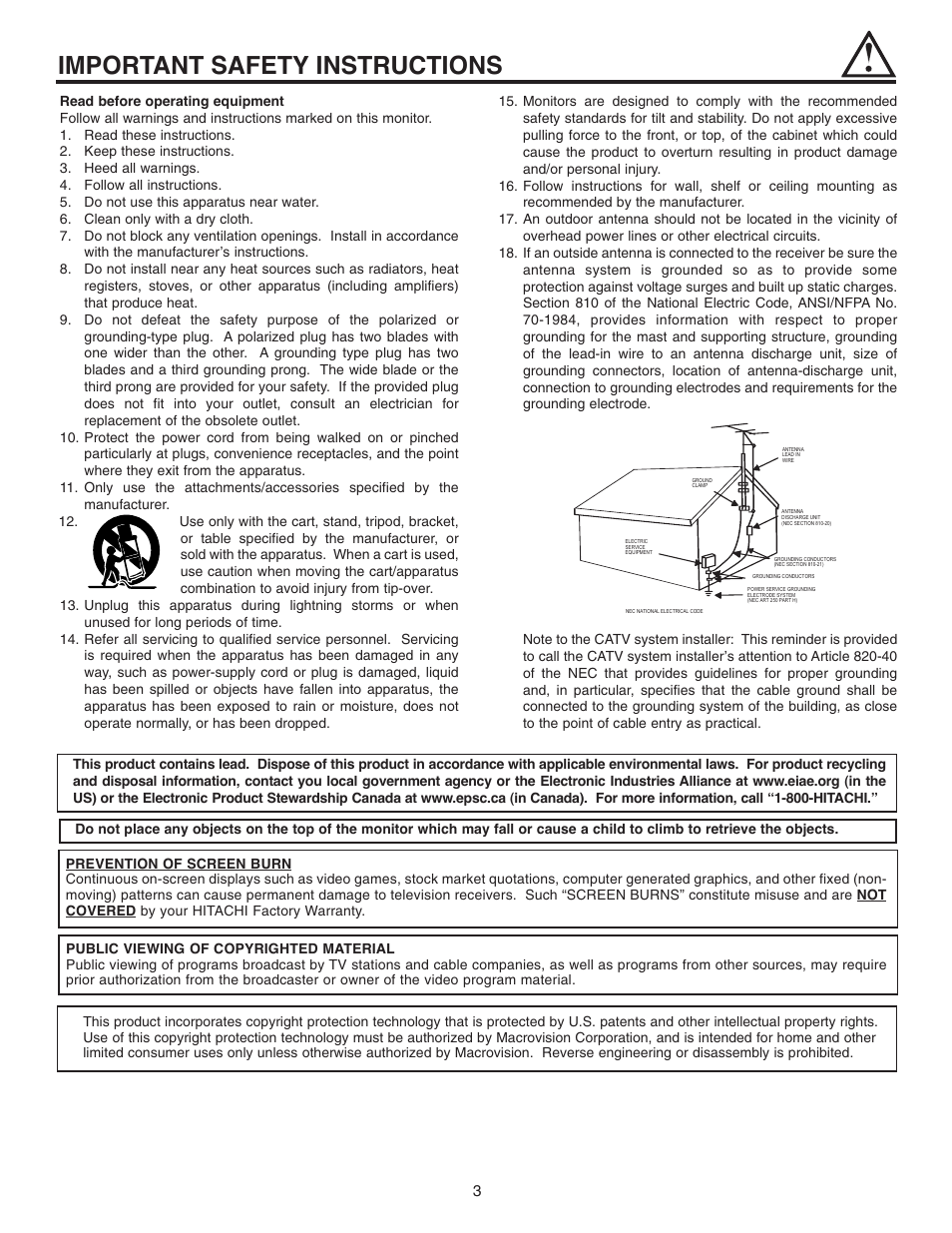 Important safety instructions | Hitachi 42EDT41A User Manual | Page 3 / 84
