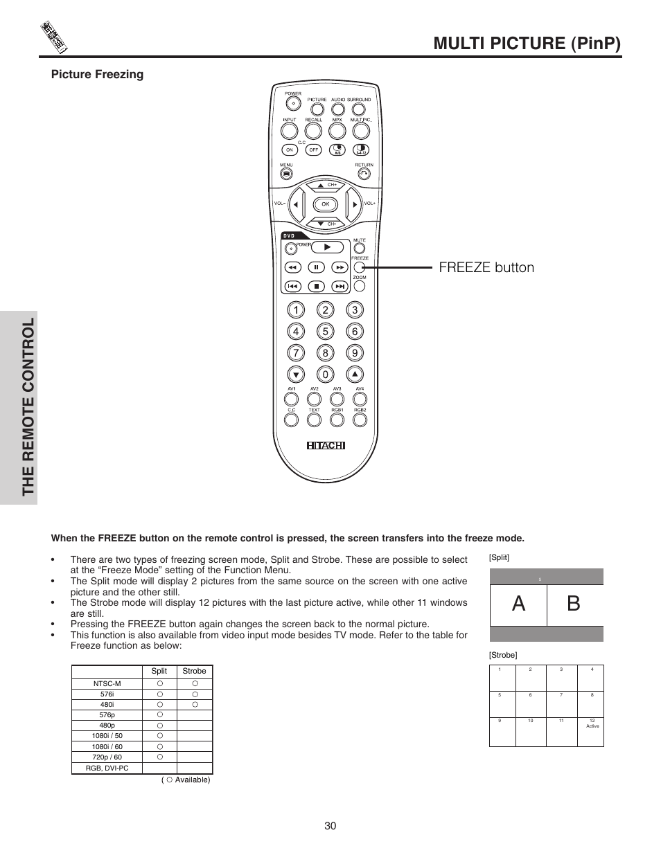 Multi picture (pinp), The remote control, Freeze button | Picture freezing | Hitachi 42EDT41A User Manual | Page 30 / 84