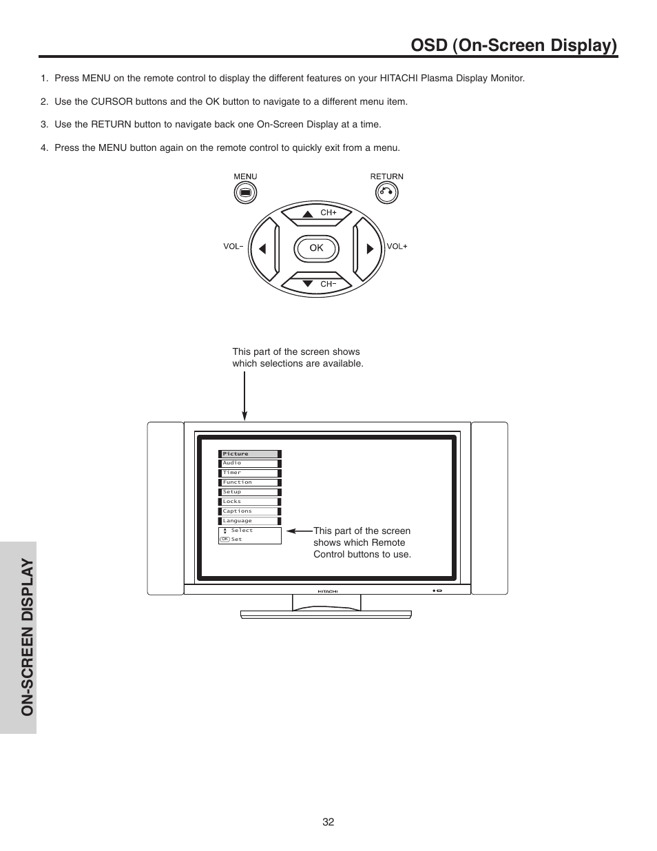 Osd (on-screen display), On-screen displa y | Hitachi 42EDT41A User Manual | Page 32 / 84