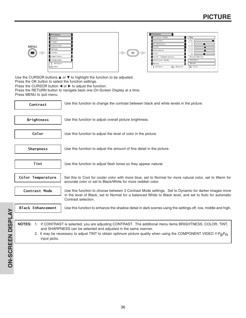 Picture, On-screen displa y | Hitachi 42EDT41A User Manual | Page 36 / 84