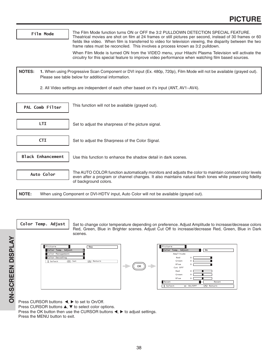 Picture, On-screen displa y | Hitachi 42EDT41A User Manual | Page 38 / 84