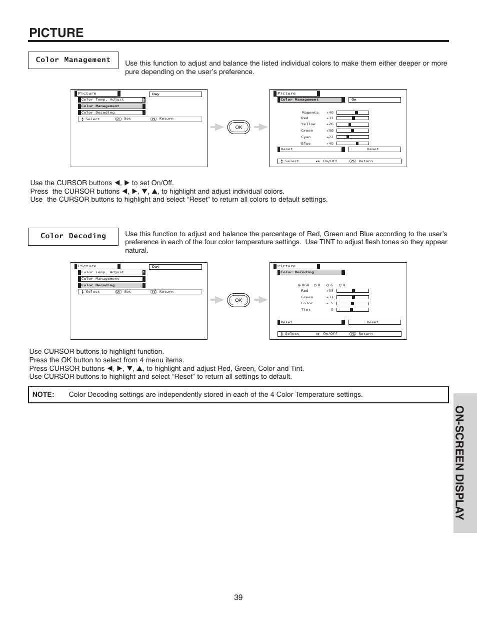 Picture, On-screen displa y | Hitachi 42EDT41A User Manual | Page 39 / 84